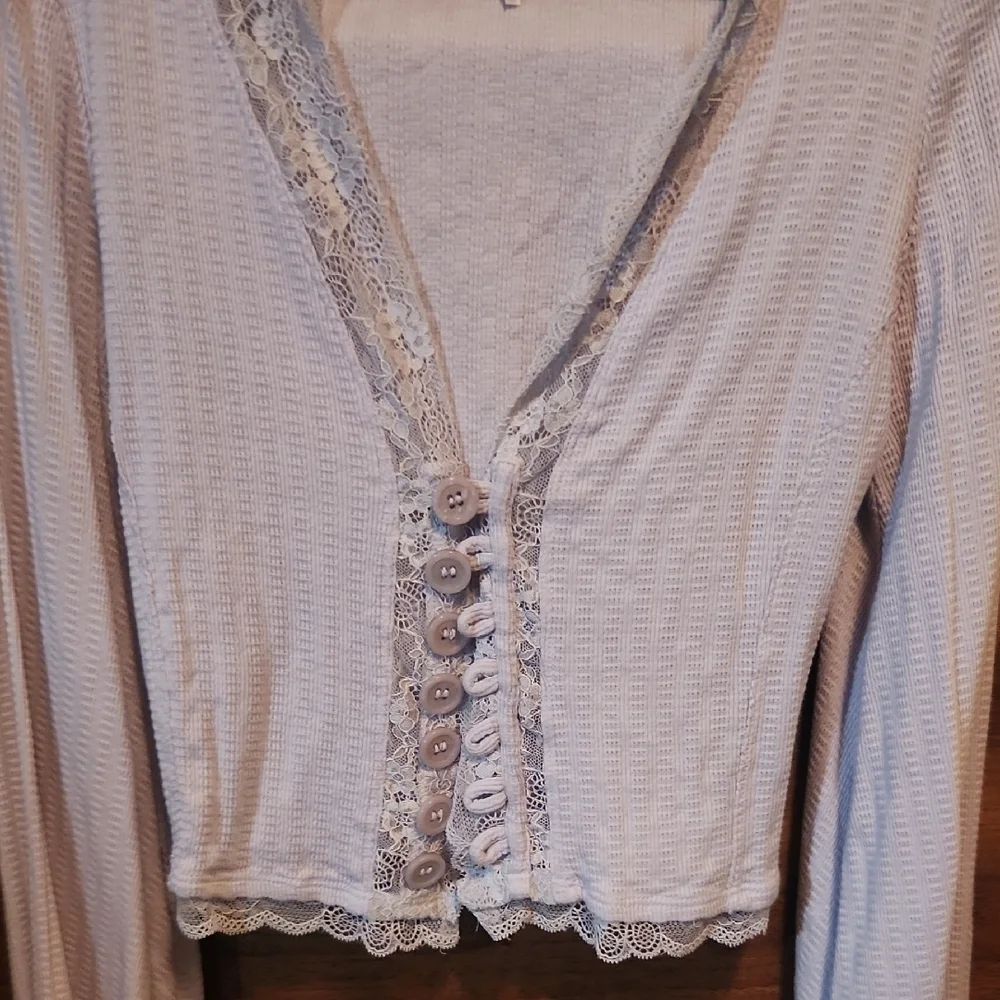 Free People Purple Long Sleeve Lace  Trim Balloon Sleeve Cottagecore XS Blouse